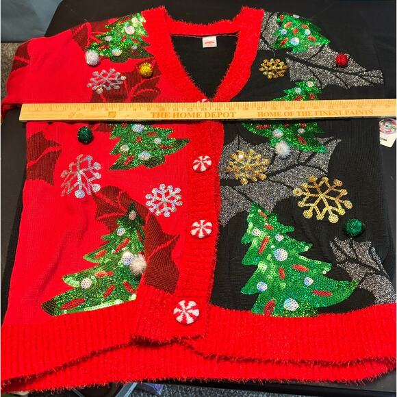 Holiday Time Xmas Cardigan Sweater XL Ugly Christmas Tree Lights Pom NWT - Picture 5 of 7